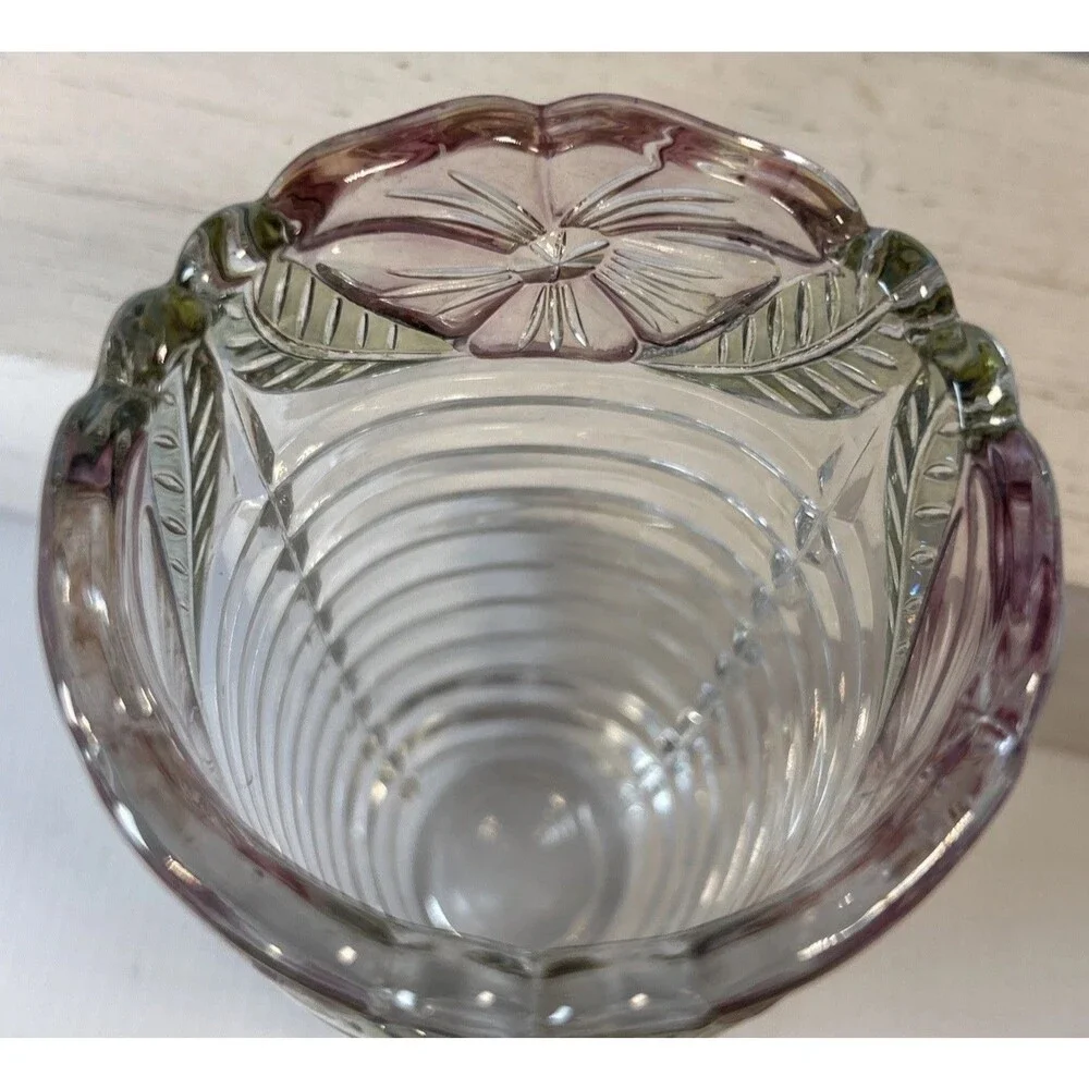 Beautiful Clear Glass Vase With Raised Pink Rose & Leaf Design 7